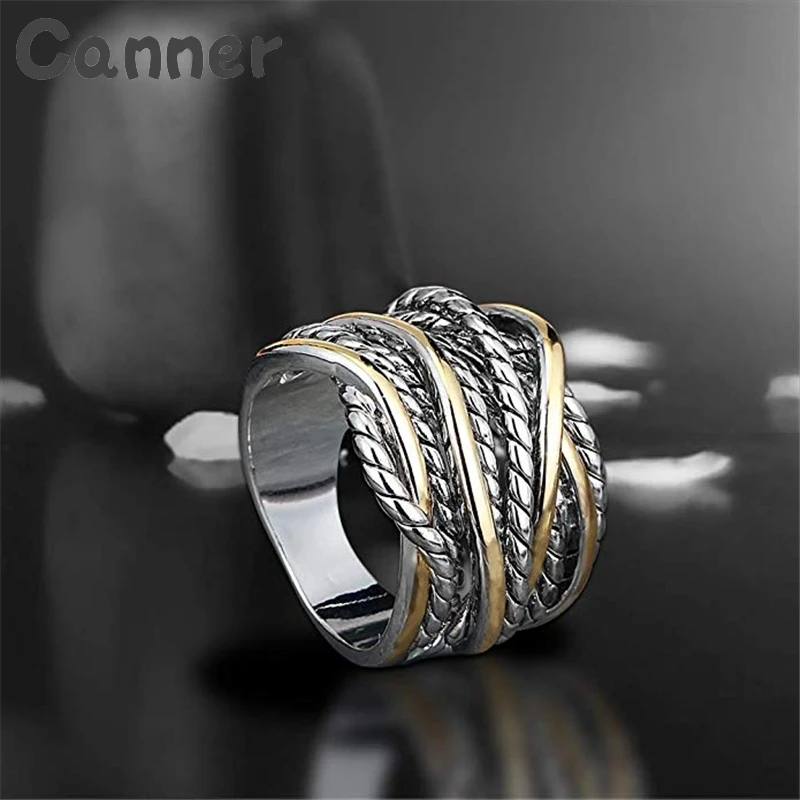 Рок с многослойным покрытием кольца для Для женщин Винтаж кабель провод перекрестные кольца цвета: золотистый, серебристый свадебные кольца эффектные украшения в подарок A40