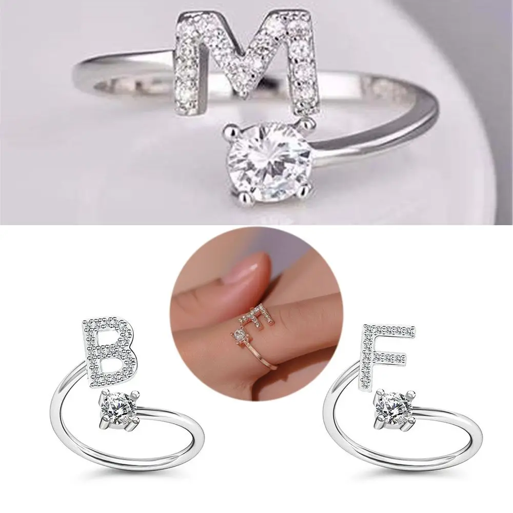

Love for Women Charm Jewelry Gift Adjustable Cuff Shining Rhinestone Alphabetic Rings Initial 26 Letters Crystal Ring