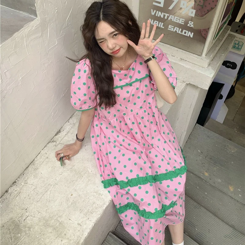 

Korean Chic Sweety Preppy Style Girly Dress Kawaii Square Collar Cute Wave Point Puff Sleeve Loose Ruffles Long Dresses Female