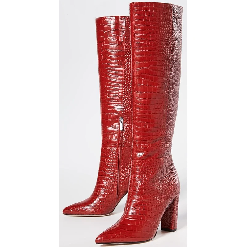 Модные красные ботинки из коровьего материала на массивном каблуке с острым