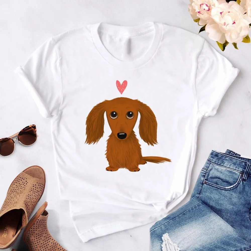 

Женские футболки с рисунками из мультфильмов в виде таксы Kawaii уличная футболка с героями мультфильма «Щенячий Harajuku футболка с рисунком с ко...