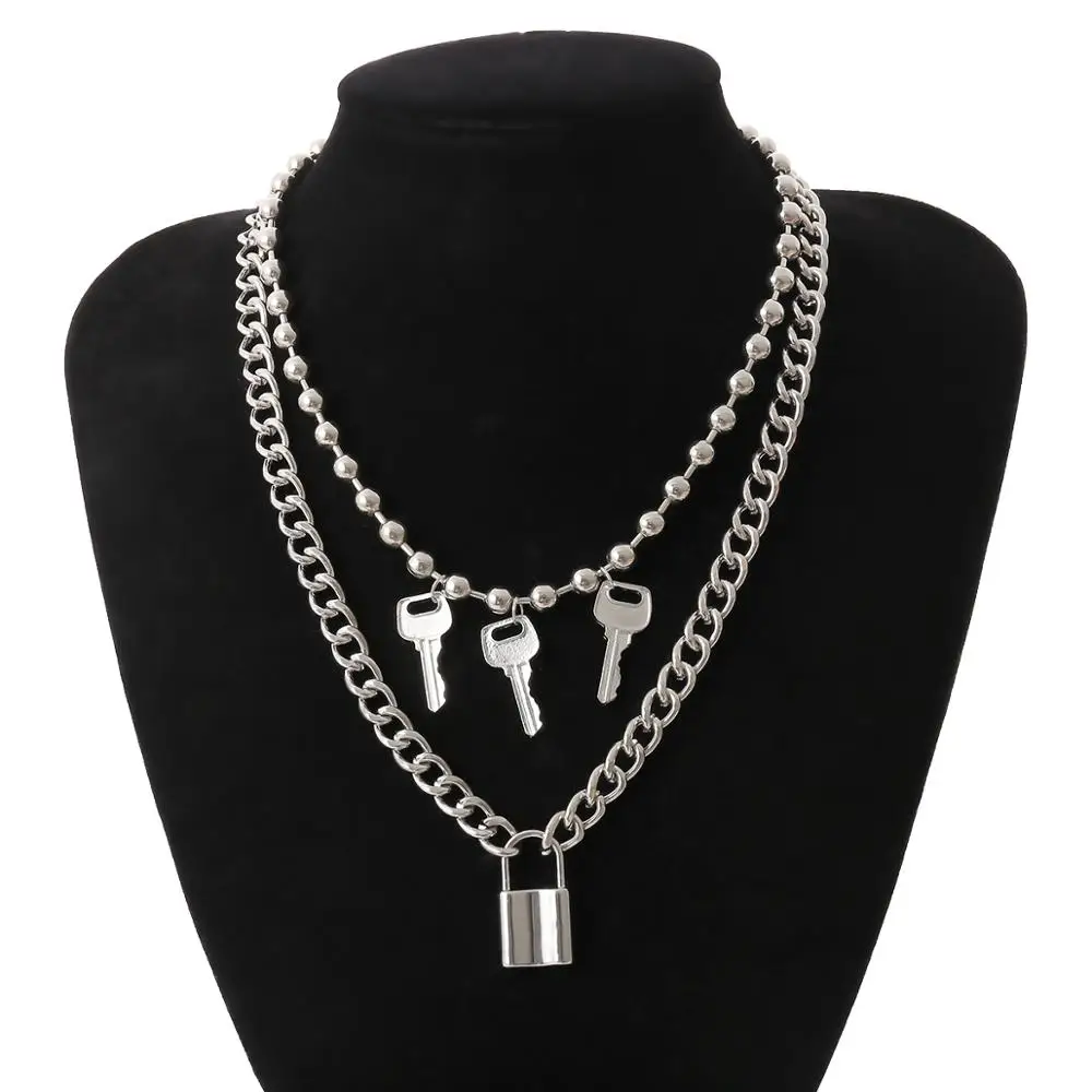 

IngeSight.Z 2Pcs/Set Layered Multiple Key Lock Pendant Necklace Silver Color Padlock Beaded Choker Necklaces for Women Jewelry