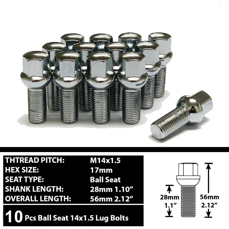 

10 Pcs Chrome M14X1.5 Wheel Ball Seat Lug Bolt Nuts 28mm Shank for - & -Porsche & Golf Jetta Passat Tiguan & More