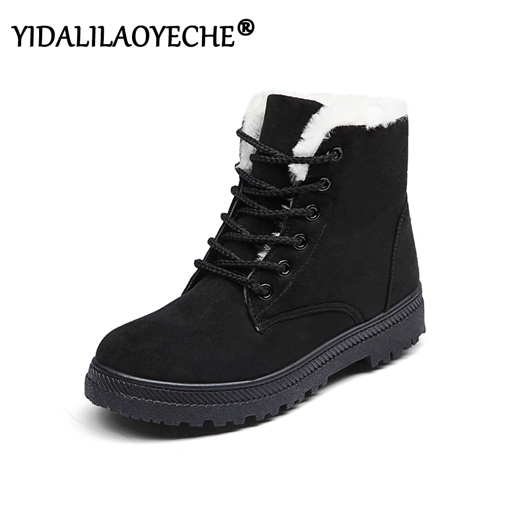Женские зимние ботинки нескользящая однотонная обувь на плоской подошве