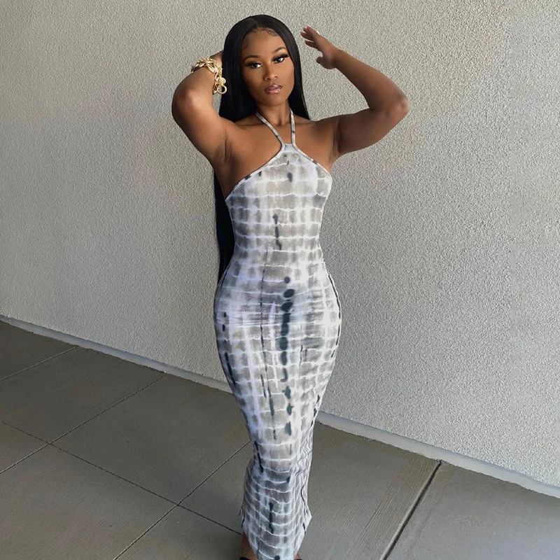 

2021 New Sexy Women Summer Close-fitting Dress Grey Tie-dyed Printed Pattern Sleeveless Halter Neck S/ M/ L