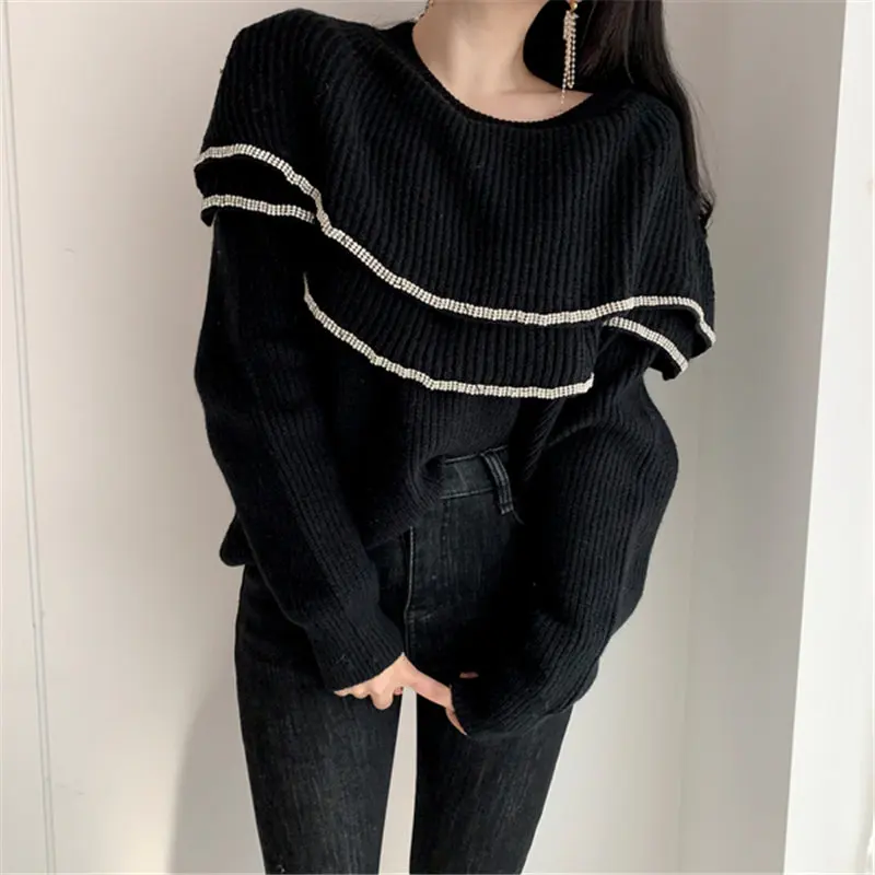

Chic Stylish Off-Shoulder Double-Layers Collar All-Match Loose Female Women Pullovers Knitted Basic Sweaters
