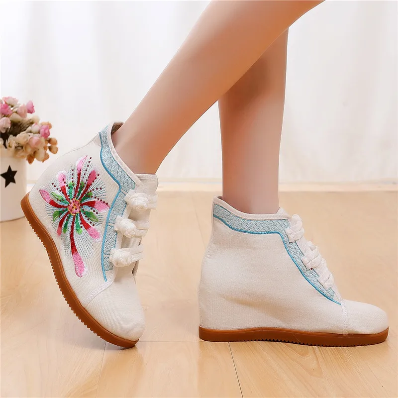 Женские кроссовки со скрытым каблуком 7 см высокие в национальном стиле с