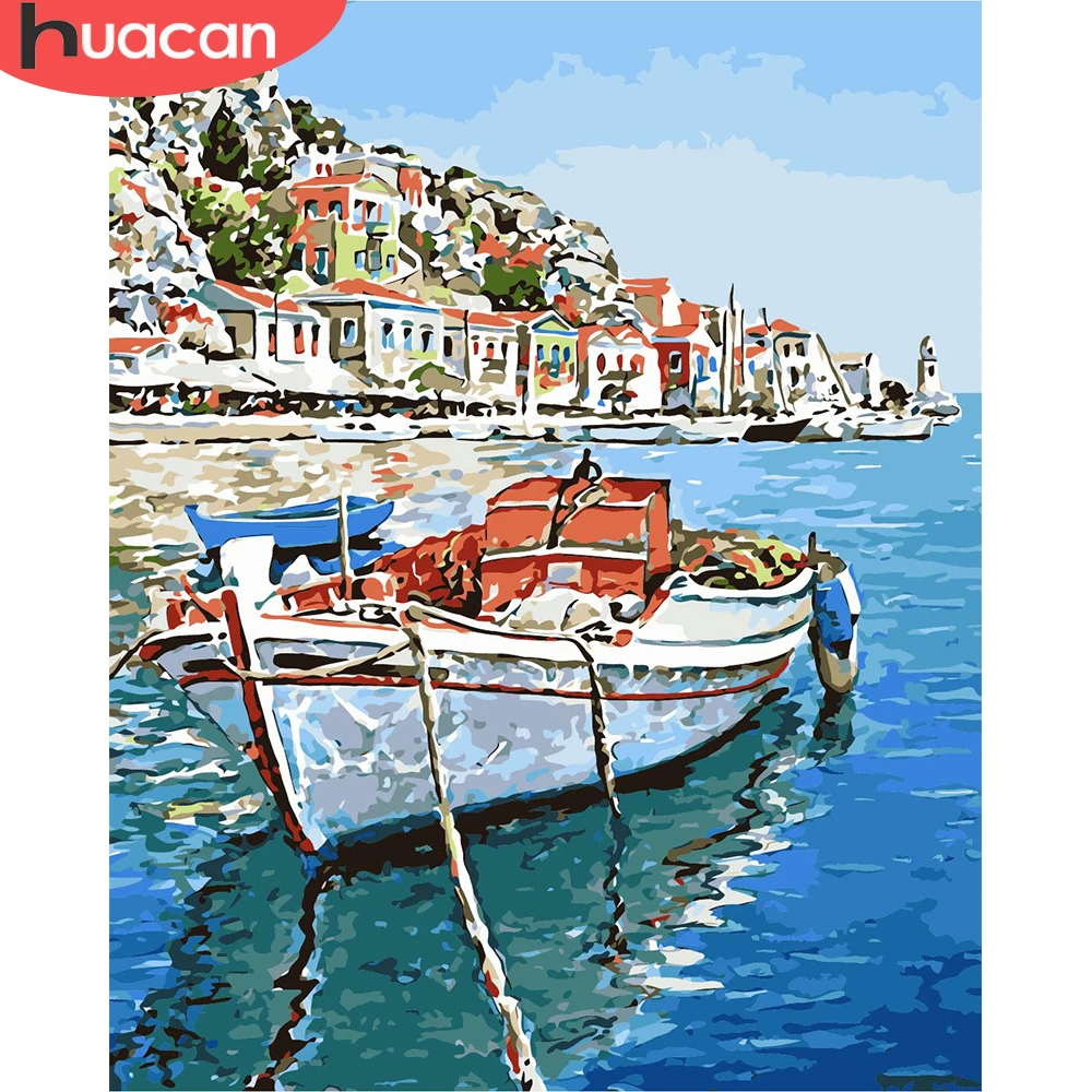 

HUACAN живопись по номеру лодка рисунок на холсте Ручная роспись искусство подарок DIY фотографии по номеру город пейзажные наборы домашний дек...