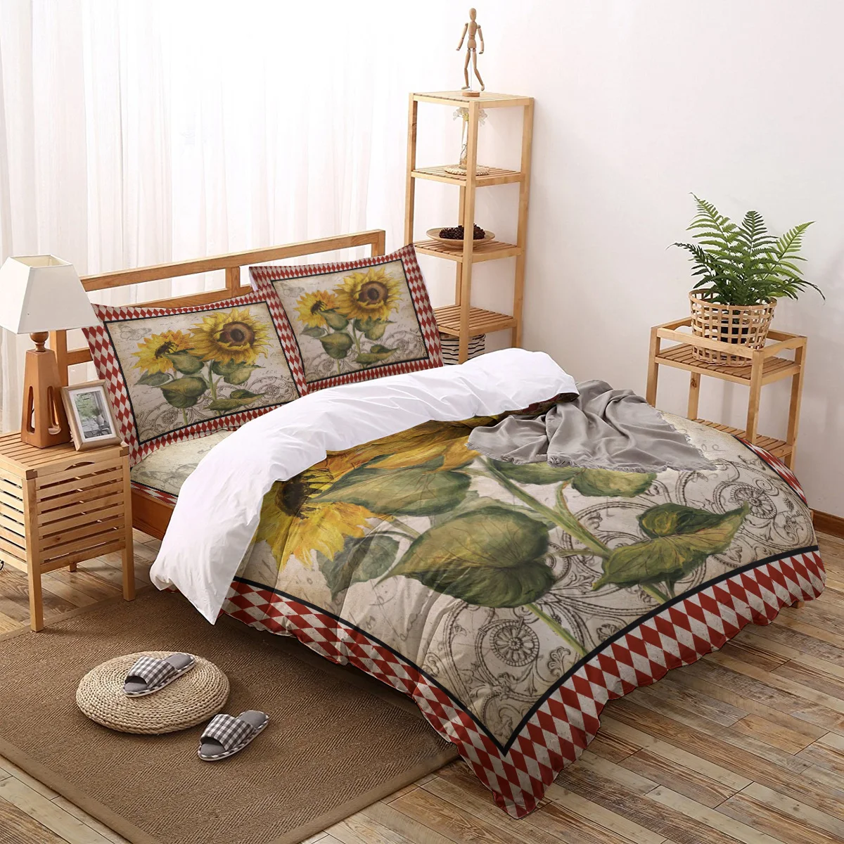 

Flower Sunflower Rhombus Retro Print Comforter Bedding Set Duvet Cover Set Queen King Bed Home Housse De Couette Gift
