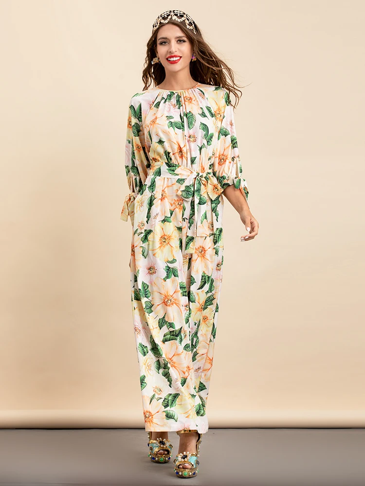 2021 Bohemian Summer Long Jumpsuit Women Plus Size 3XS-10XL Long sleeve Camellia Flower Print Loose Ladies Casual Rompers