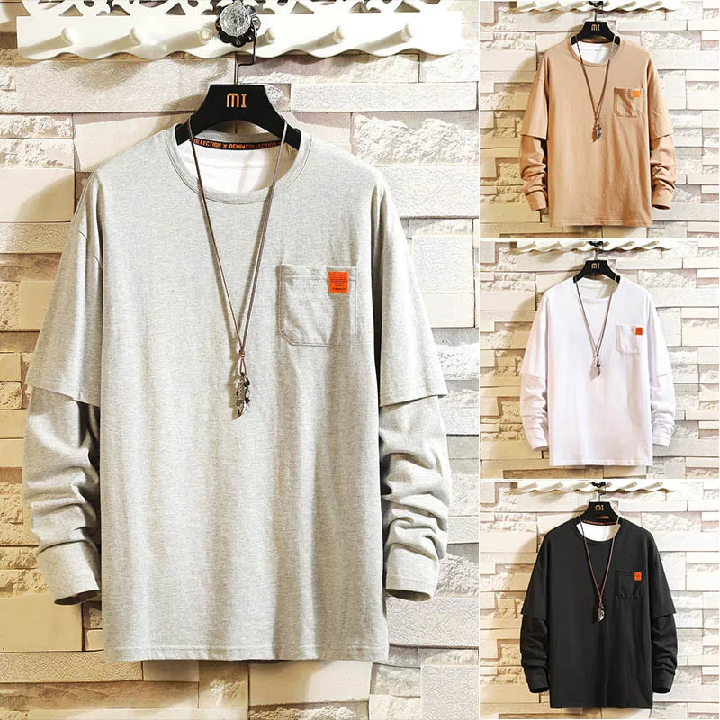 Осень Зима Новая мягкая поддельная футболка с двумя рукавами Мужская Однотонная