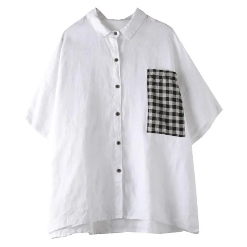 

Loose art short-sleeved shirt 2021 summer dress new lapel paste cloth plaid pocket foreign style all-match jacket