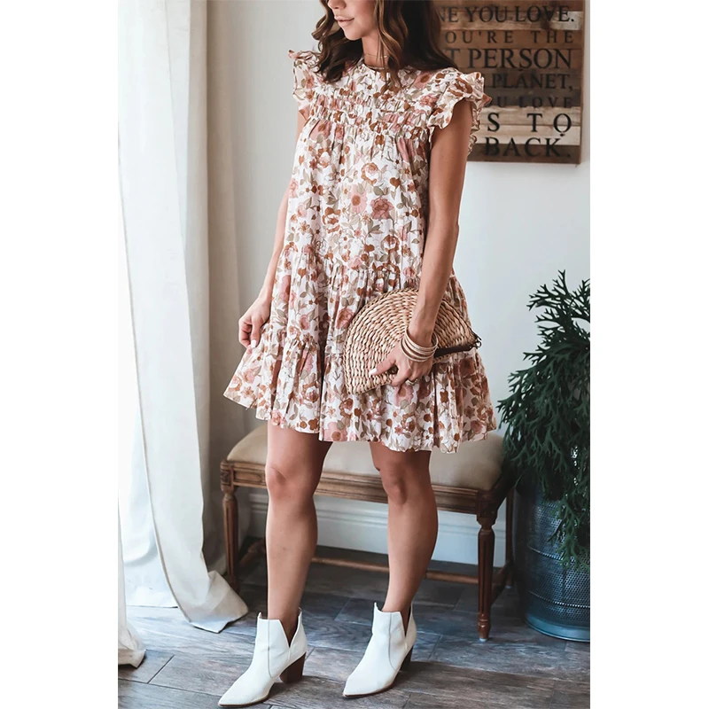 

Women Loose Floral Print Ruffles Mini Dress 2021 Summer O-Neck Short Butterfly Sleeve Female Casual Boho Beach Dress Vestidos