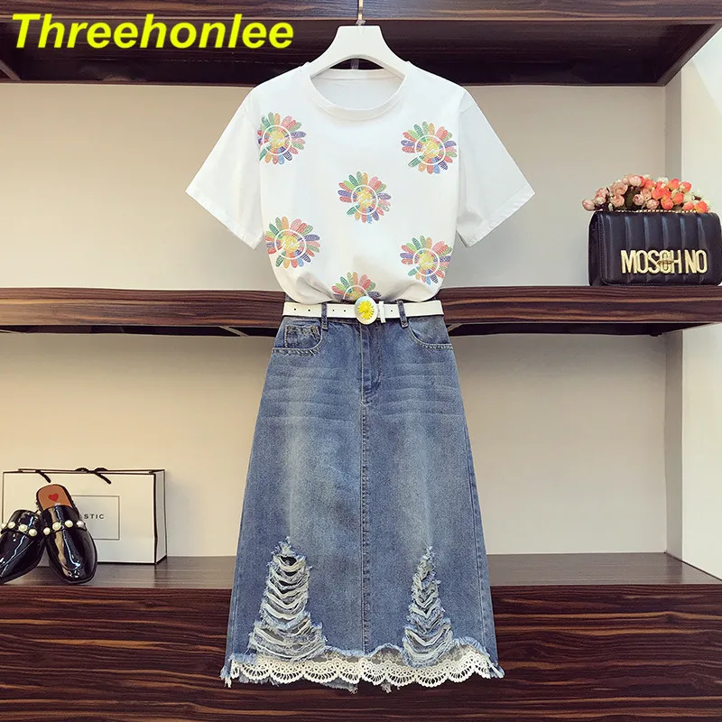 

Summer 2021 Women Flower Rhinestone Tshirt and High waist Lace Patchwork Hole Long Denim Skirt Two piece set Female Outfits