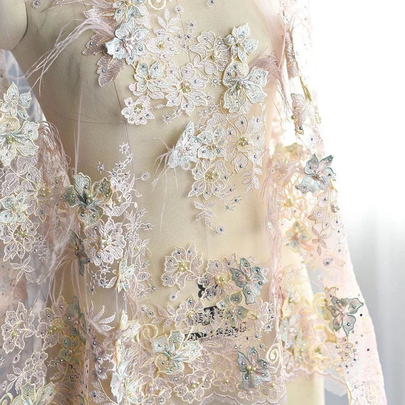 

New 1Yard Luxury Feather Beading Embroidery Lace Fabric Cloth Wedding Dress Ribbon Trim DIY Sewing Mesh Fabric Stitch-Bonded