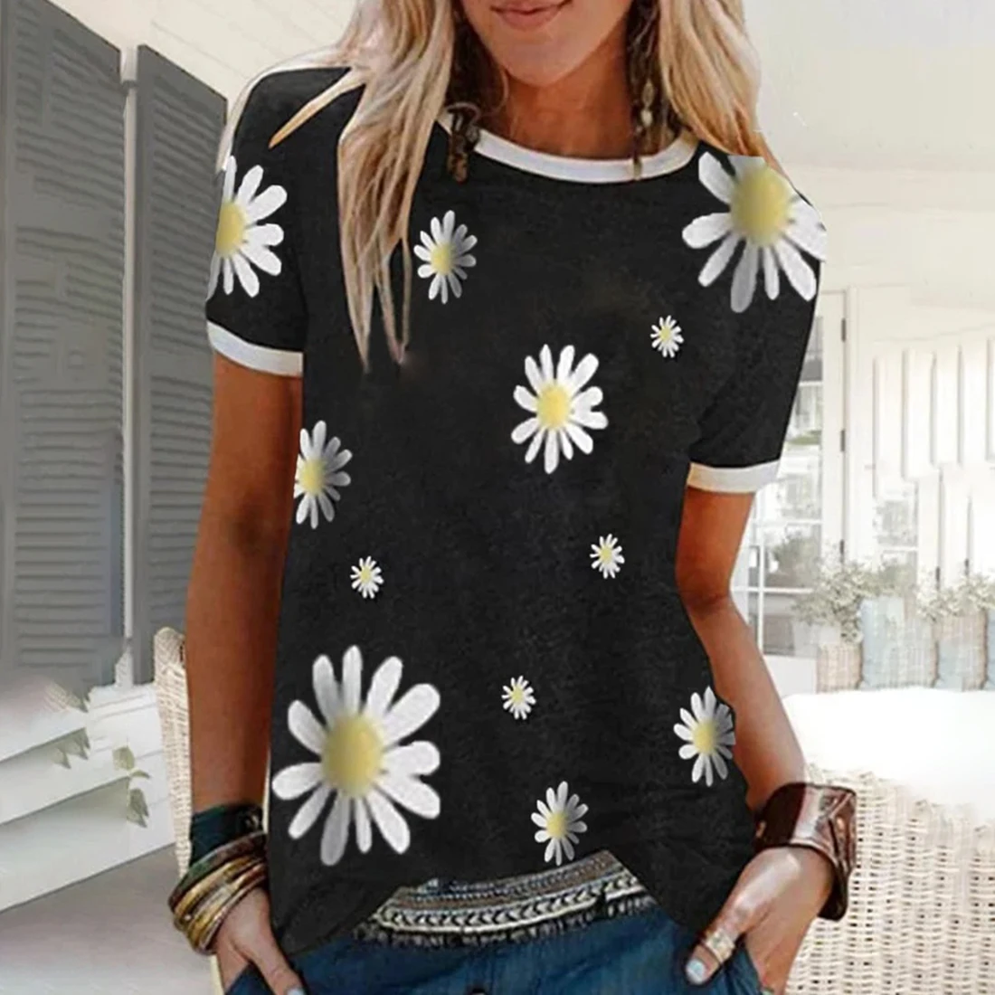 SHUJIN рубашка с принтом Дейзи Повседневная летняя коротким рукавом 2020 пуловер