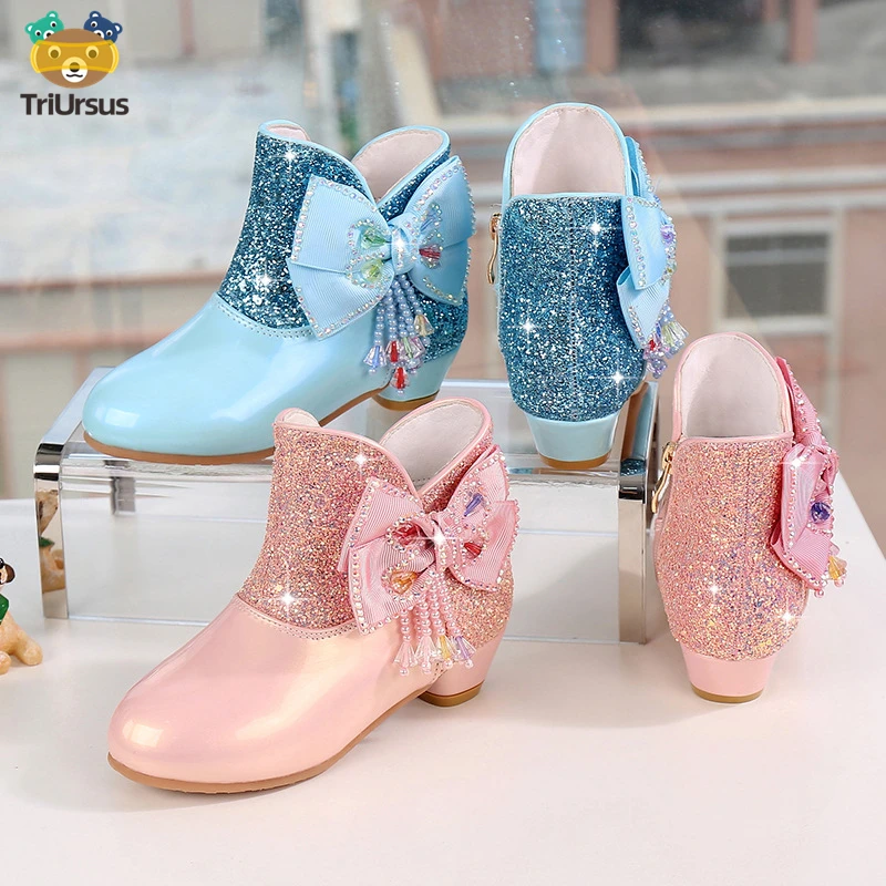 

Princess Winter Boots for Girls Children Spring Autumn Leather Pink Bow Sequins Fashion Booties for Kids Plush Warm Shoes Girl