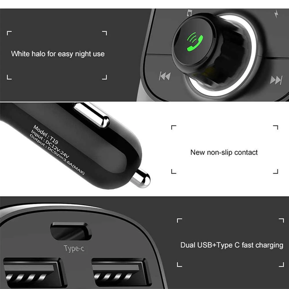 Автомобильный MP3-плеер с Bluetooth fm-передатчиком Hands-free автомобильный комплект двойной USB порт+ type-C Интерфейс быстрой зарядки поддержка TF/SD