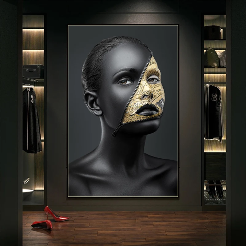 

African Art Black and Gold Woman Modern Art Scandinavian Painting Wall Art Canvas Poster Parlor Living Room Decoration Picture