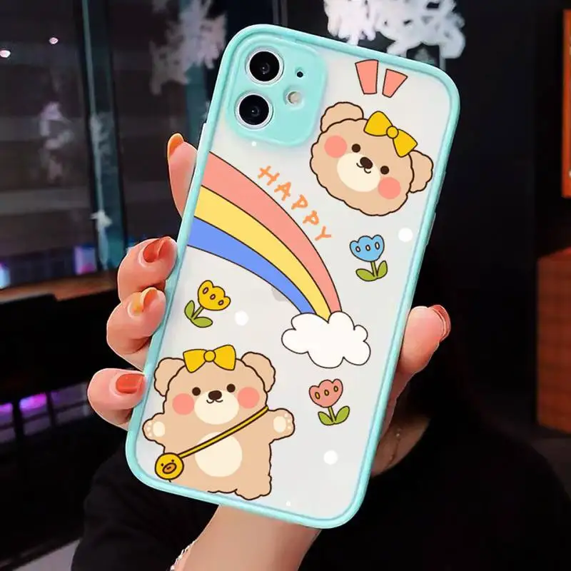 

Cute bear rabbit flower Phone Cases Matte transparent For blue iPhone 12 Mini 11 Pro XR XS Max 7 8 Plus X Back Cover