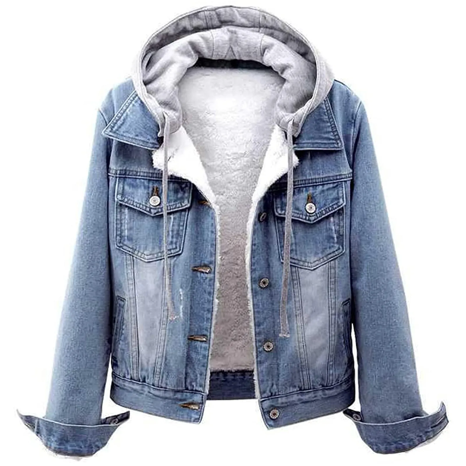 

Blue Hooded Turn-down Collar Denim Jacket Short Vintage Women Loose Button Patchwork Outwear Large Size Jean Coat Female #01
