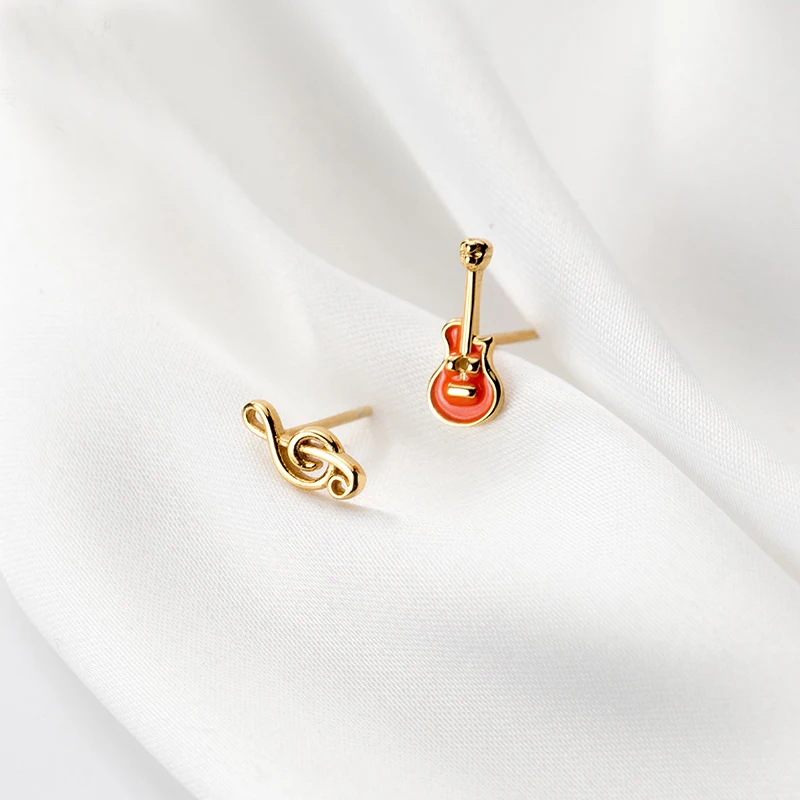 

100% Real 925 Sterling Silver Treble Clef and Guitar Stud Earrings Asymmetric Musical Note Earrings for Women Girls Music Lovers