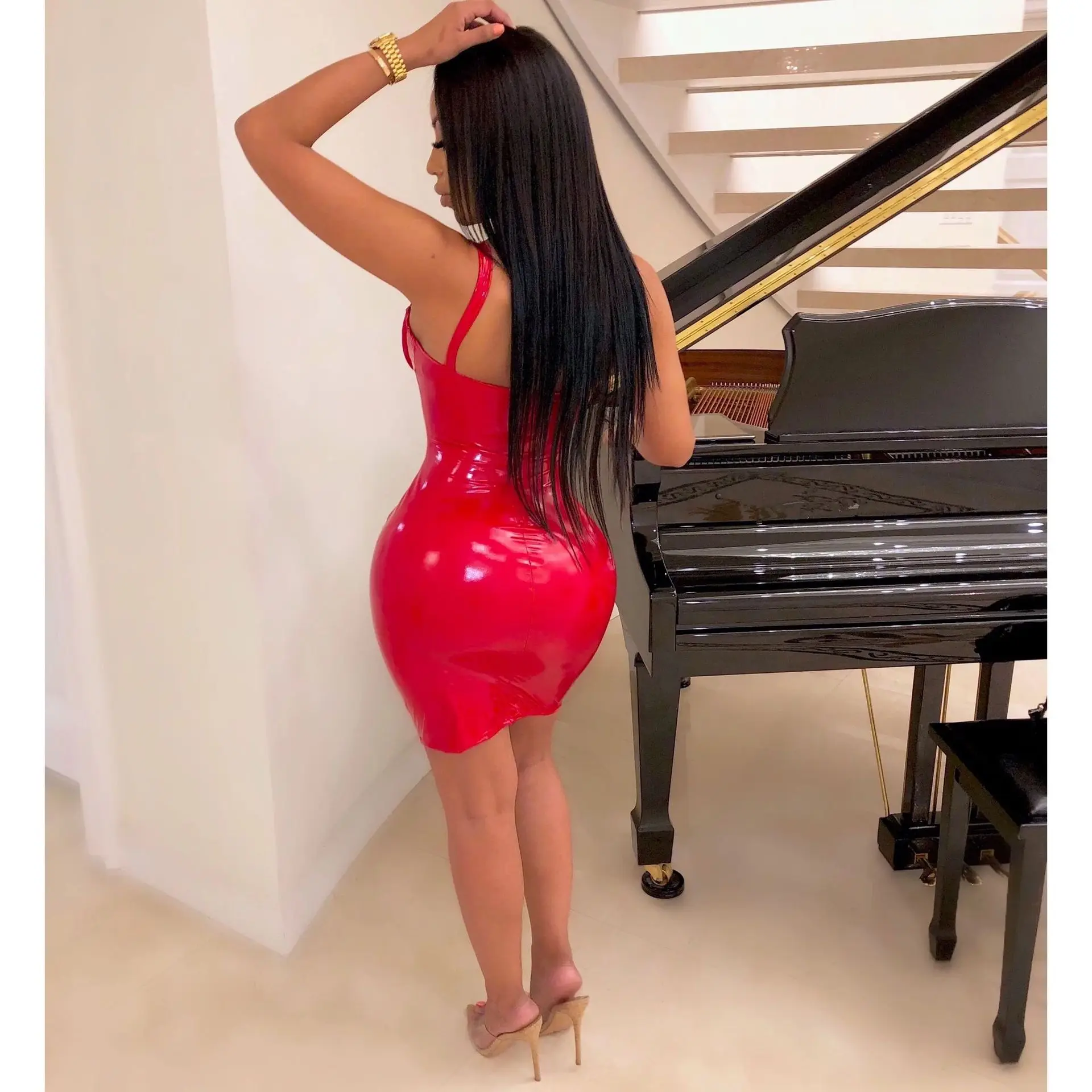 

Spaghetti Strap Sexy Bodycon Pu Mini Dress Women Sleeveless High Waist Plus Size Solid Vestido Club Red Slim Leather Short Dress