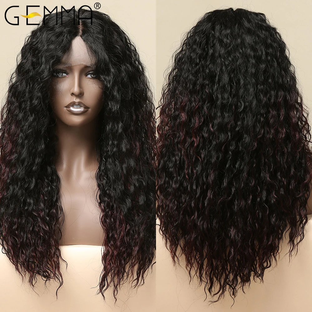 

GEMMA Long Kinky Curly Lace Front Synthetic Wigs for Women Afro Cosplay Party Natural Middle Part Omber Black Wine Lace Wig
