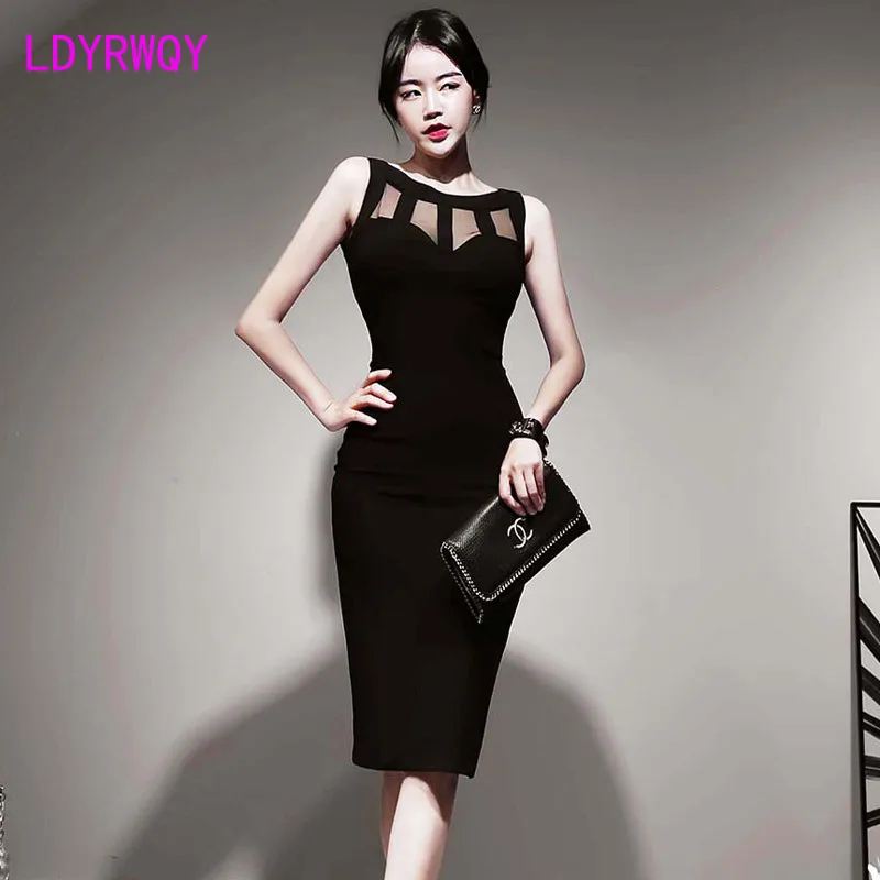 

2020 summer dress new Korean version of the ladies' temperament slim stitching mesh gauze bag hip slim fashion dress