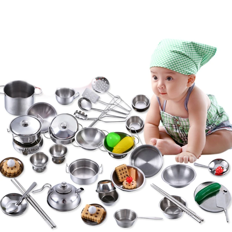 

40pcs Play Pots Pans Set for Kids Kitchen Playset Pretend Cookware Mini Stainless Steel Cooking Utensils Development Toys Ages