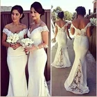Чистые белые платья подружки невесты, шифоновые платья с открытыми плечами и кружевной аппликацией в пол, платья подружки невесты, свадебные искусственные платья
