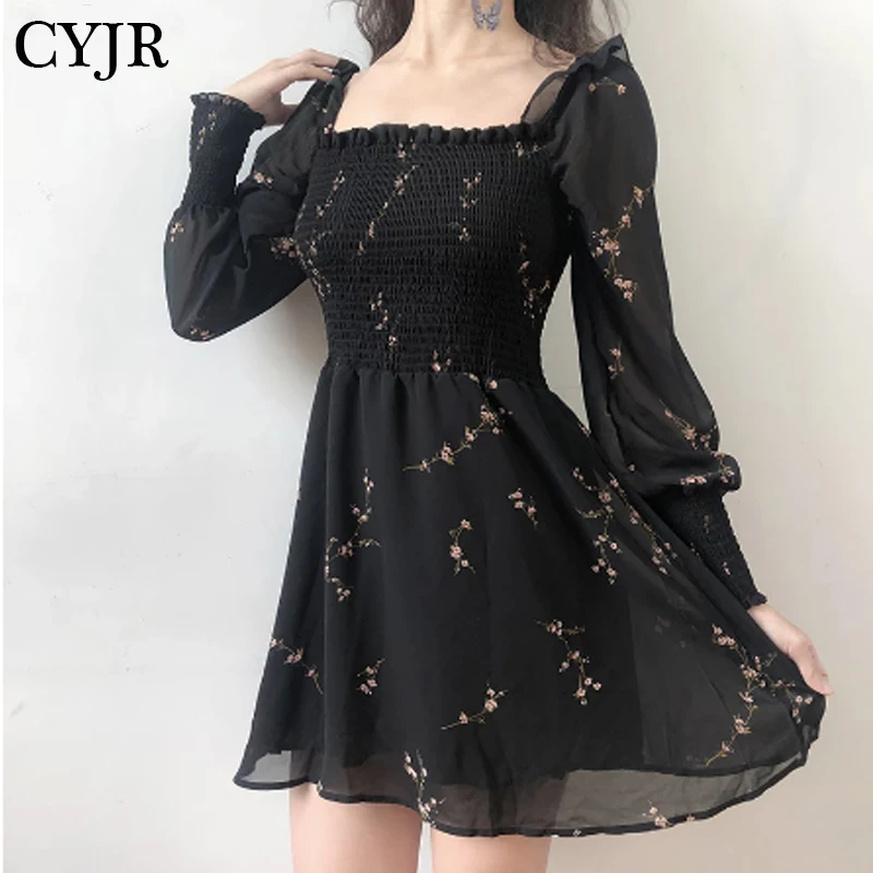 

Женское шифоновое платье с цветочным принтом, повседневное черное винтажное платье мини в Корейском стиле с длинными рукавами-фонариками, ...