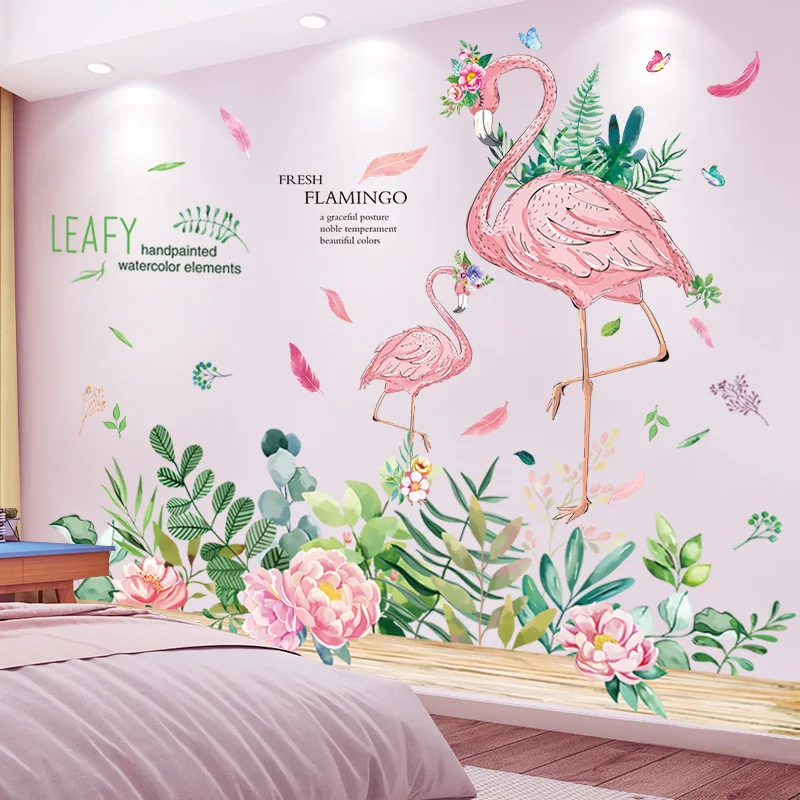 

[SHIJUEHEZI] Flower Leaves Wall Stickers DIY Cartoon Flamingo Animals Wall Decals for Kids Bedroom Nursery House Decoration