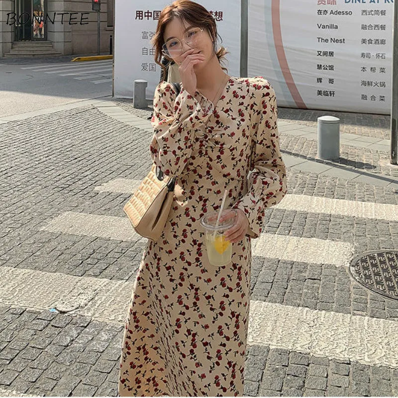 

Dresses Women V-Neck Print Elegant Sweet Leisure Streetwear Empire Flare Sleeve Temperament Stylish Female Vestidos Korean Style