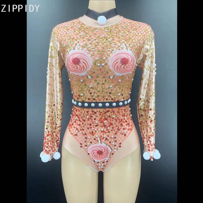 

Red Gold Rhinestones Pearl Hairball Bodysuit Women Dancer DS Prom Outfit Birthday Celebrate Show Clothes YOUDU
