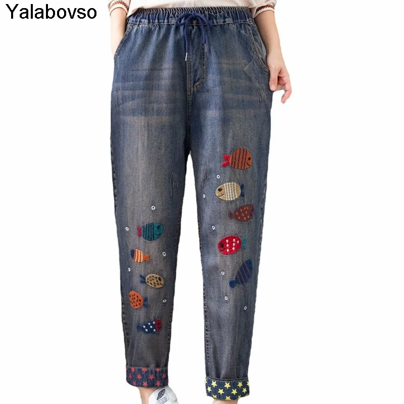 

Женские винтажные джинсы Yalabovso, свободные брюки в стиле ретро с эластичной талией и вышивкой в виде маленькой рыбы на подоле, Осень-зима