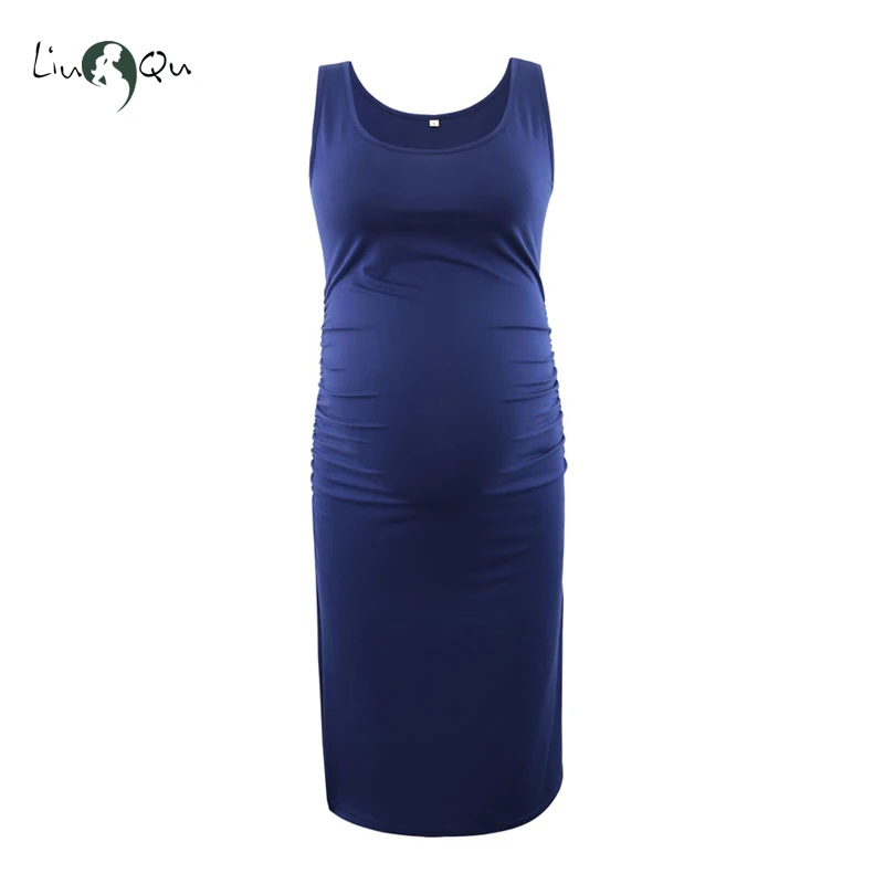 Платья для беременных без рукавов Топы повседневные с боковыми оборками до колен