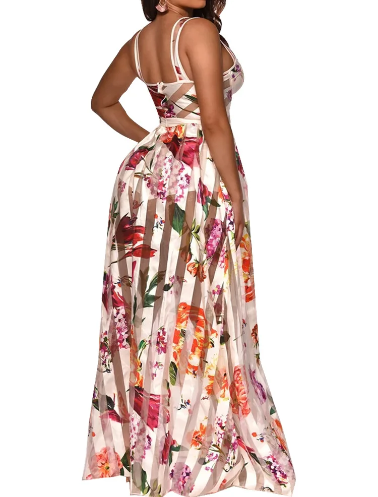 

Women Sleeveless Spaghetti Strap Floral Dress Elegant Summer Boho Beach Long Maxi Dress Vestidos