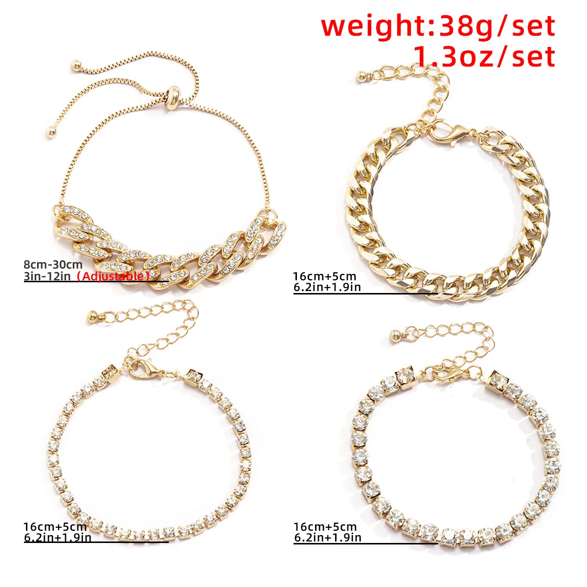 

European and American style claw chain Cuban buckle iron chain rhinestone bracelet adjustable 4pcs bracelet set