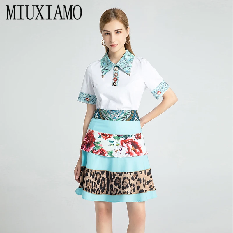 MIUXIMAO Best Quality 2021 Office Lady SpringTwinset Elegant Half Sleeve Top Luxury Flower Leopard Print Suits Women Vestido