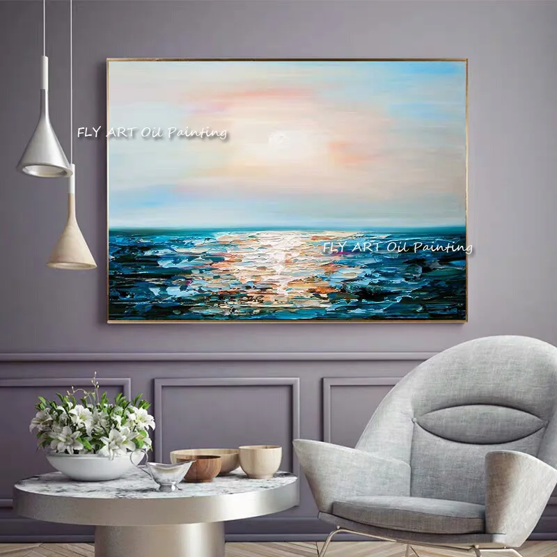 

Handmade Seascape Sunrise Oil Painting Custom Canvas Wall Decoration Paintings Living Room Hanging Painting Handpainted Unframed