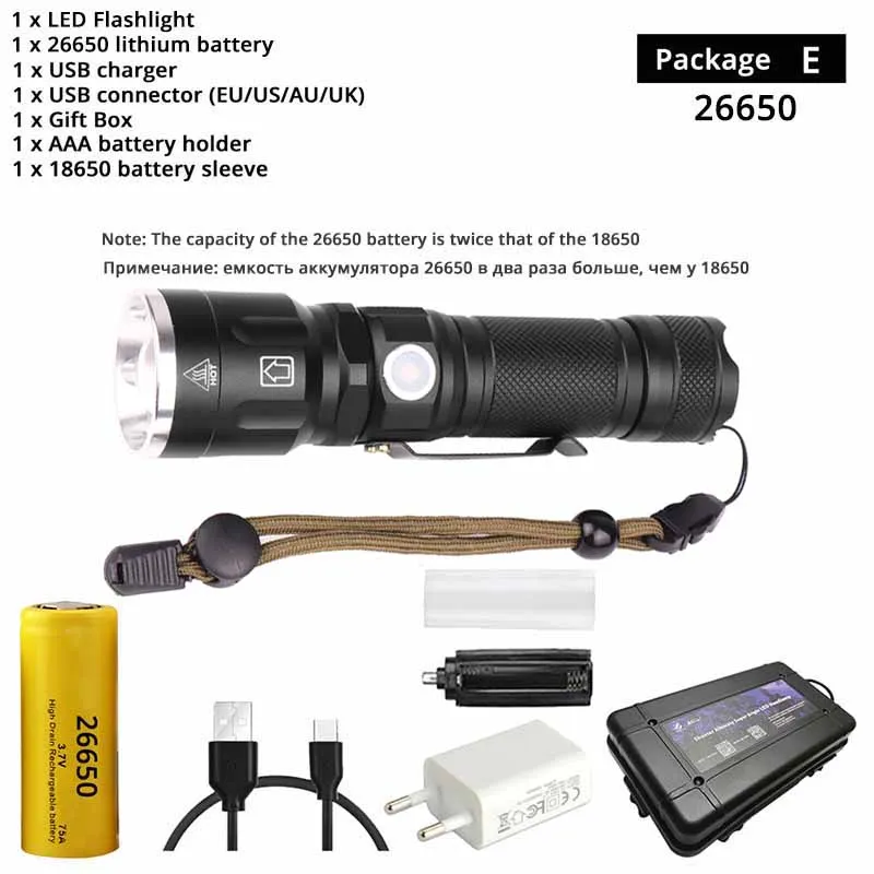 Package E-26650 Супер яркий XHP50 светодиодный фонарик водонепроницаемый 5 режимов освещения масштабируемый фонарик ИСПОЛЬЗОВАТЬ 18650 или 26650 Аккумулятор для наружных приключений - Испускаемый цвет: Package E-26650