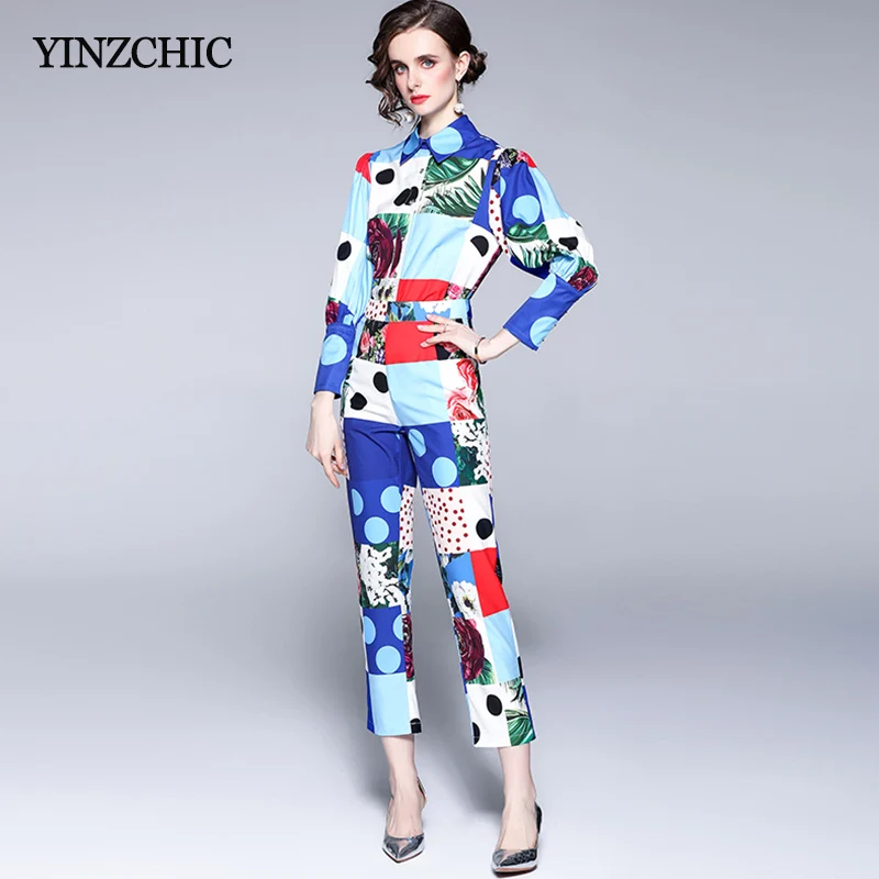 

Classic Woman Blue Blouse Pants Suit Fashion Printed Full Sleeve Blouse Long Pencil Pants Sets for Office Lady 2cps Shirt Pants