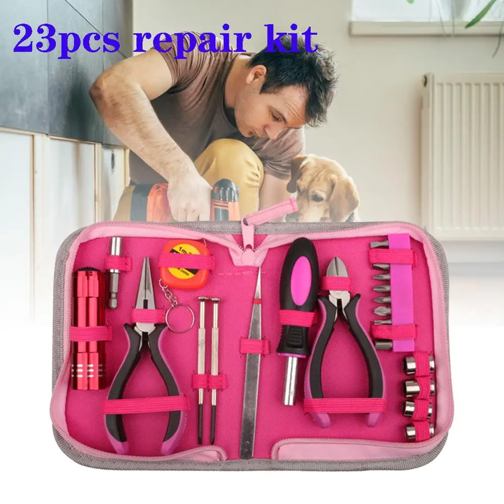 

23pcs Practical Durable Tweezers Box Tape Measure Flashlight Professional Screw Head Screwdrivers Hand Tool Set Ladies Pliers