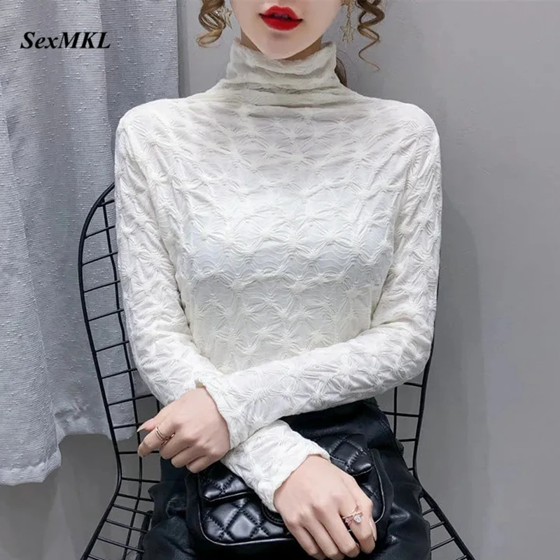 

Women Turtleneck Basic Lace Blouses 2022 Spring Fashion Long Sleeve Casual White Blusas Korean Clothing Slim Black Camisas Mujer