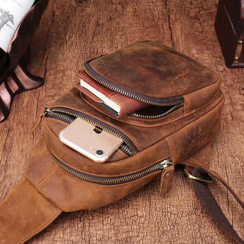 Original Men Genuine Leather Chest Packs Vintage Crazy Horse Travel Sling Shoulder Bag Male Daypack Crossbody Bag Handbags