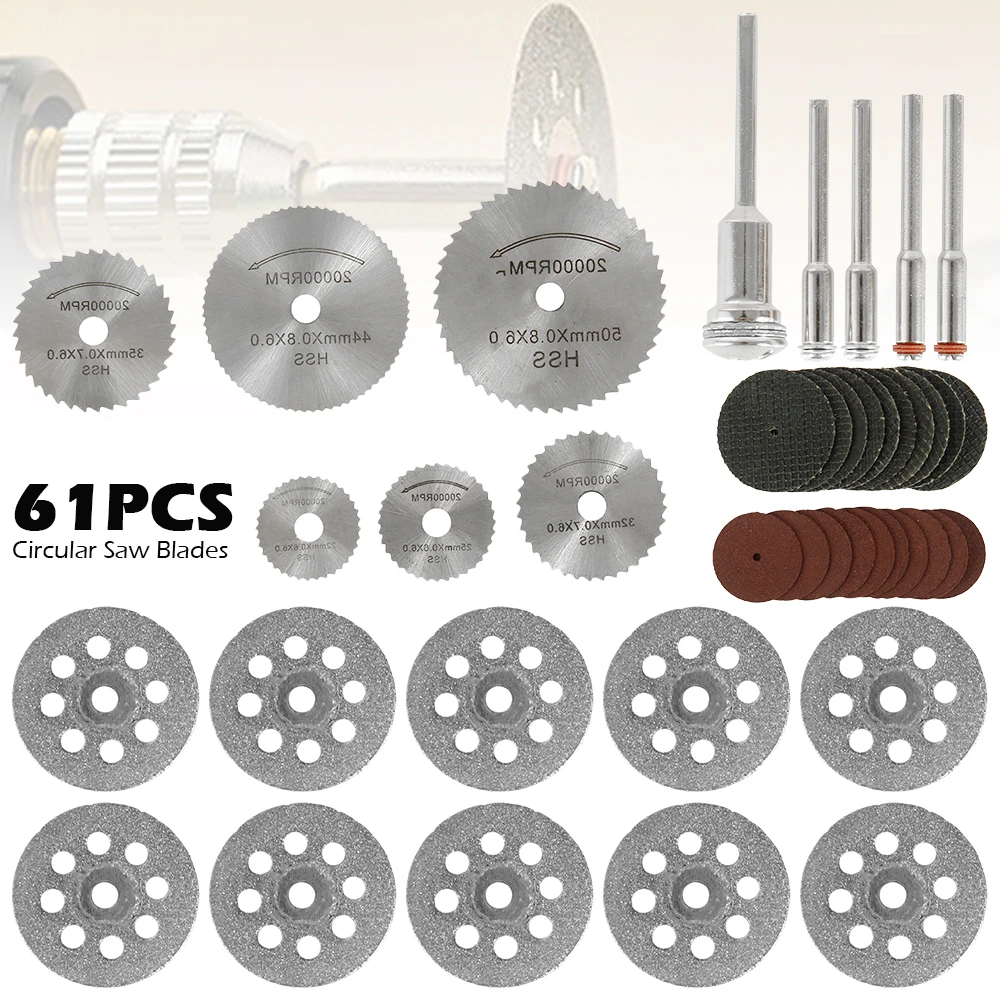 

61pc/set Diamond Cutting Discs Metal Saw Blade HSS Circular Saw Blades Wood Sanding Grinding Wheel Woodworking Metal Rotary Tool