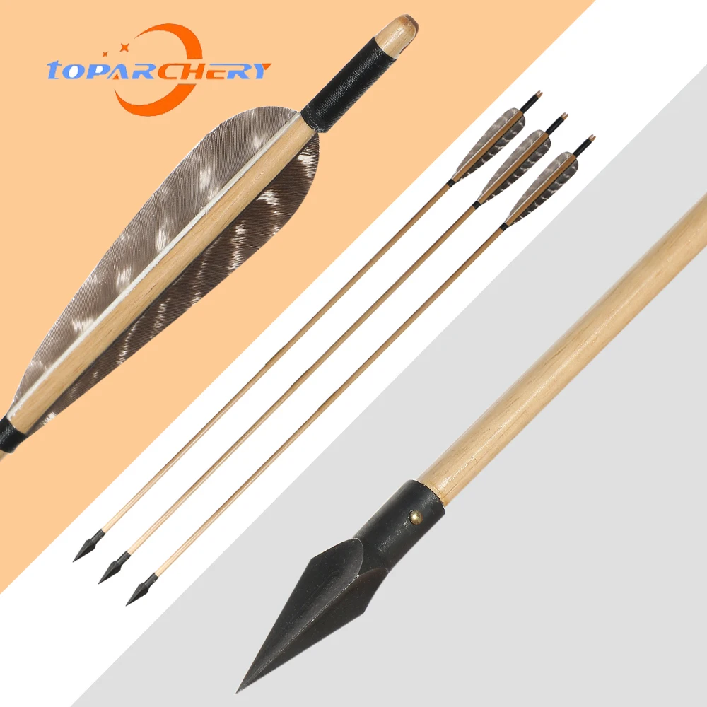 

12 шт деревянные стрелы для лука со стальными широкими головками, настоящее перо для взрослых, традиционный изогнутый лук, длинный лук, Охотн...