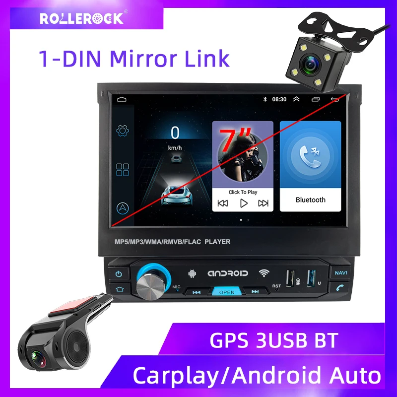Автомагнитола Rollerock 1 Din Android 7 '⟊rplay WIFI GPS-навигация 3USB Bluetooth 4 0 электрический