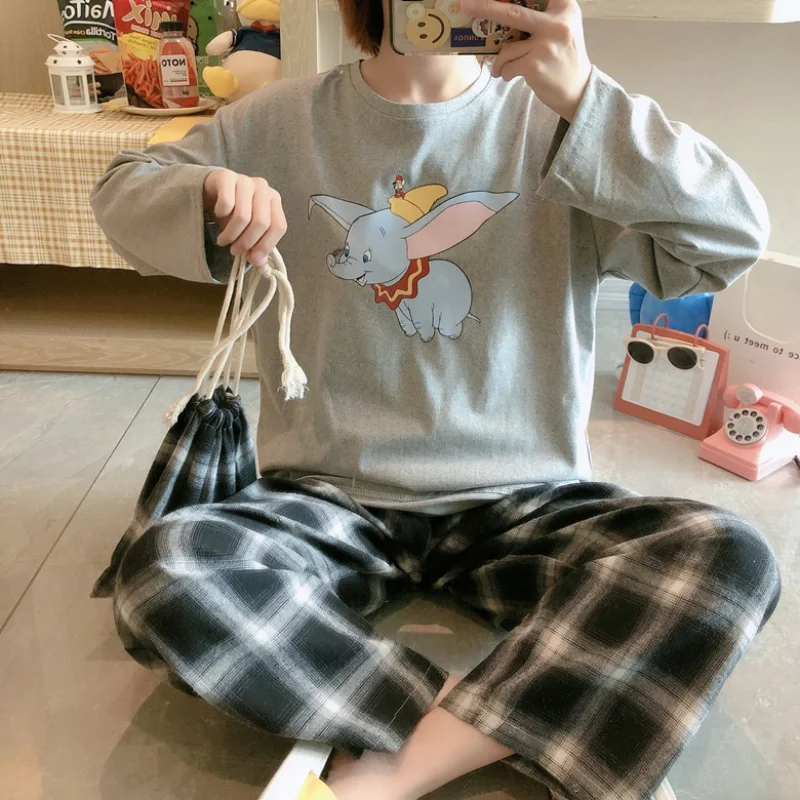 Disney Dumbo Pajamas Plus Size Loose 2 Piece Set Pijama Mujer Long Sleeve Top and Plaid Pants Sleepwear Autumn Winter 2021 New